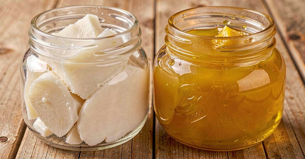 Jar of white beef tallow next to a jar of golden ghee for cooking fat comparison