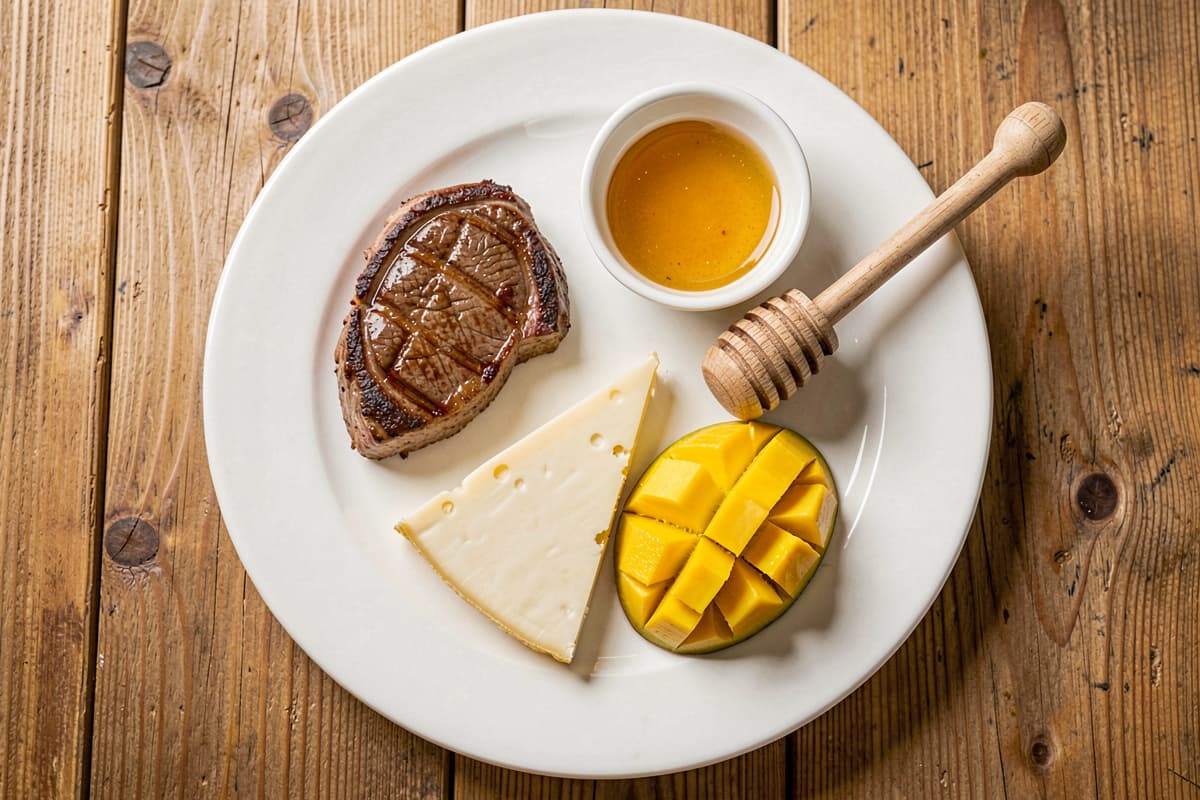 Animal-based diet plate with a steak, raw cheese, ripe mango slices, and a small bowl of honey on a wooden table