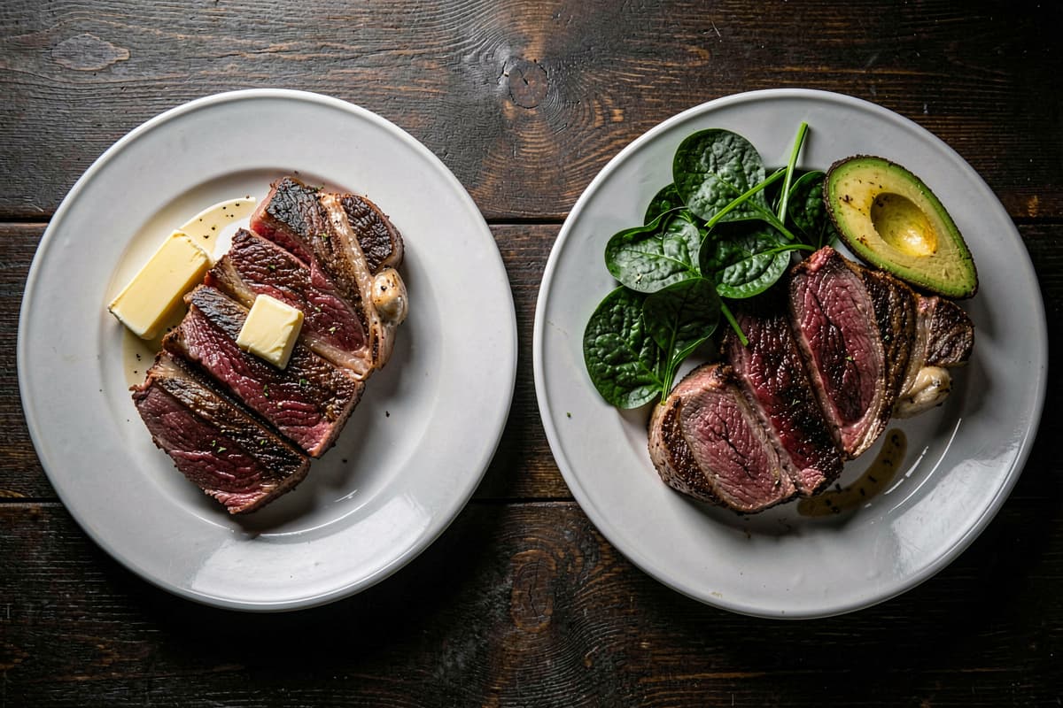 Two plates side by side: a carnivore plate with steak and butter, and a keto plate with steak plus sautéed greens and avocado
