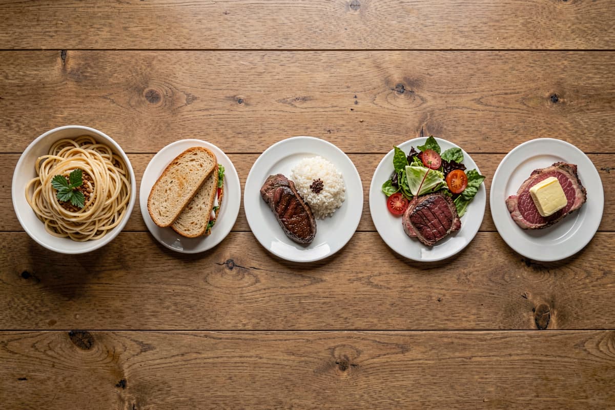 Carb spectrum visual: bowl of pasta on the left, then progressively meat-heavier plates moving right, ending with a steak alone