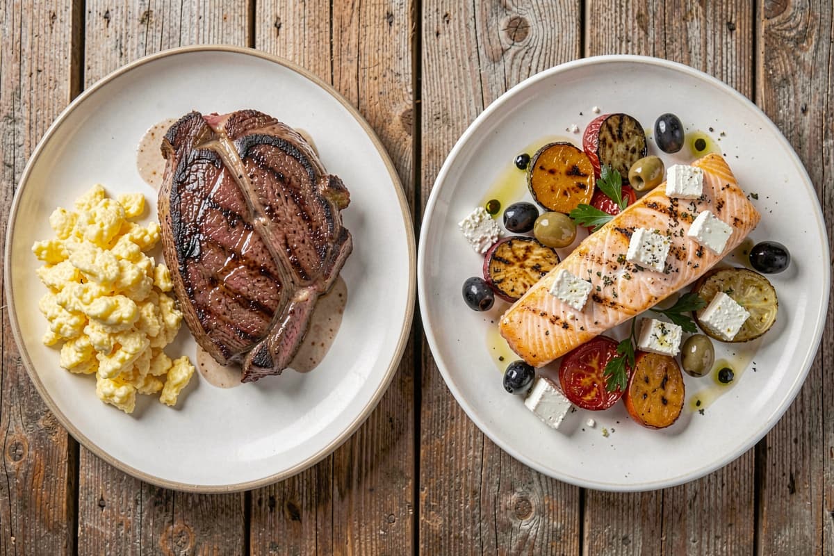 Two plates side by side: a carnivore plate with steak and eggs, and a Mediterranean plate with grilled fish, olive oil, vegetables, and crusty bread