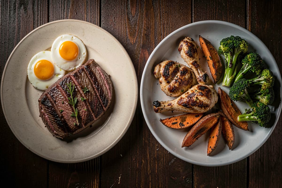 Two plates side by side: a carnivore plate with steak and eggs, and a paleo plate with grilled chicken, sweet potato, and roasted vegetables