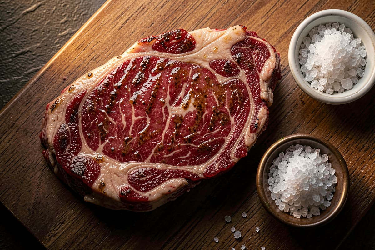 Plate with a single seared ribeye steak and a small dish of coarse salt — the lion diet's minimalist composition