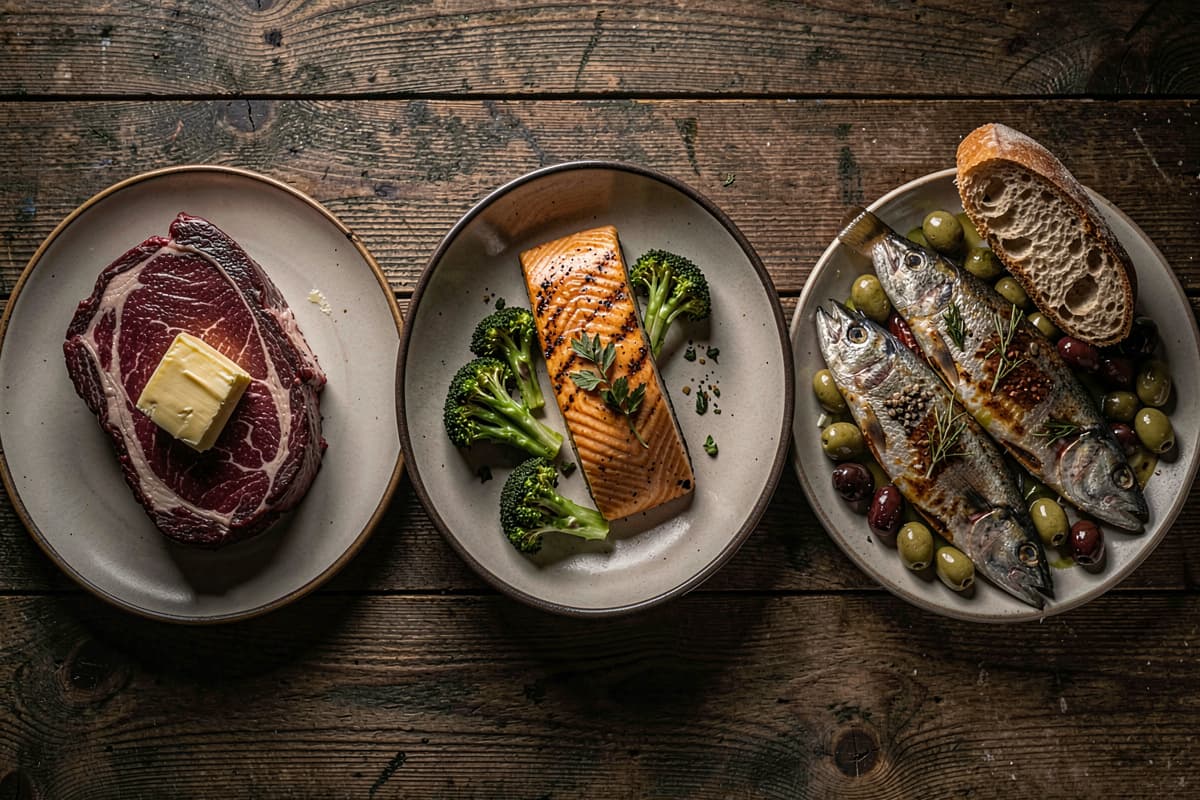 Side-by-side plates representing different diets: a steak and eggs plate, a salad with chicken, and a Mediterranean spread with fish and olive oil