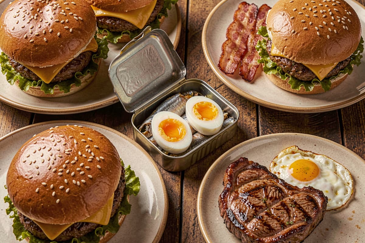 Overhead shot of multiple carnivore meals on a wooden table: smash burgers, sardines on a plate, bacon and eggs