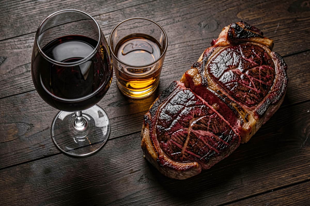 Glass of dry red wine and a tumbler of whiskey on a wooden table next to a steak