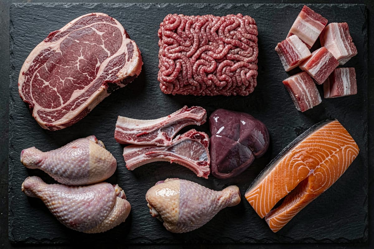 Selection of raw meat cuts on dark slate: ribeye, ground beef, pork belly, lamb chops, beef liver, chicken thighs, and salmon