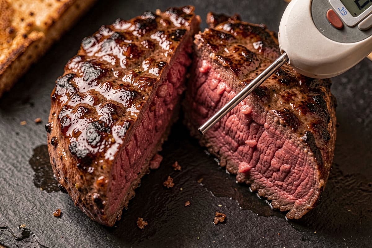 Cross-section of a thick beef burger showing pink medium-rare interior with a digital thermometer probing the side