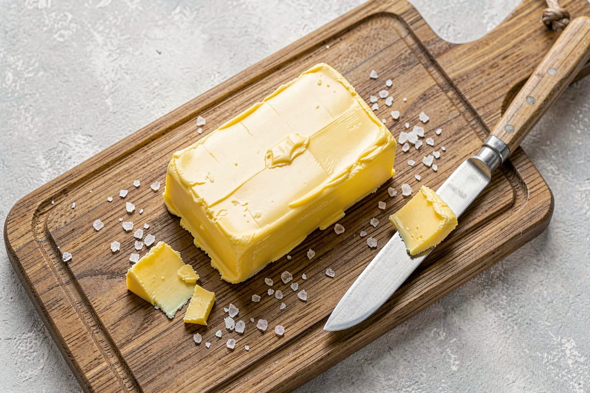Block of grass-fed butter on a wooden board with a butter knife and salt flakes