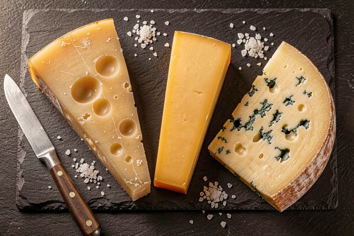 Wedges of aged cheddar, parmesan, and gruyere cheese on dark slate with a small knife