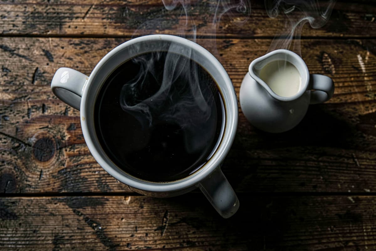 Black coffee in a white ceramic mug on a wooden table with a small jug of heavy cream