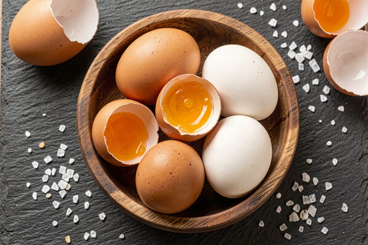 Brown and white eggs in a wooden bowl with a few cracked open showing bright orange yolks