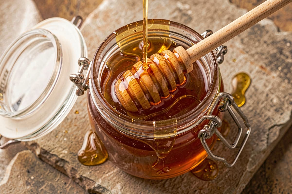 Glass jar of raw honey with a wooden honey dipper on a stone surface