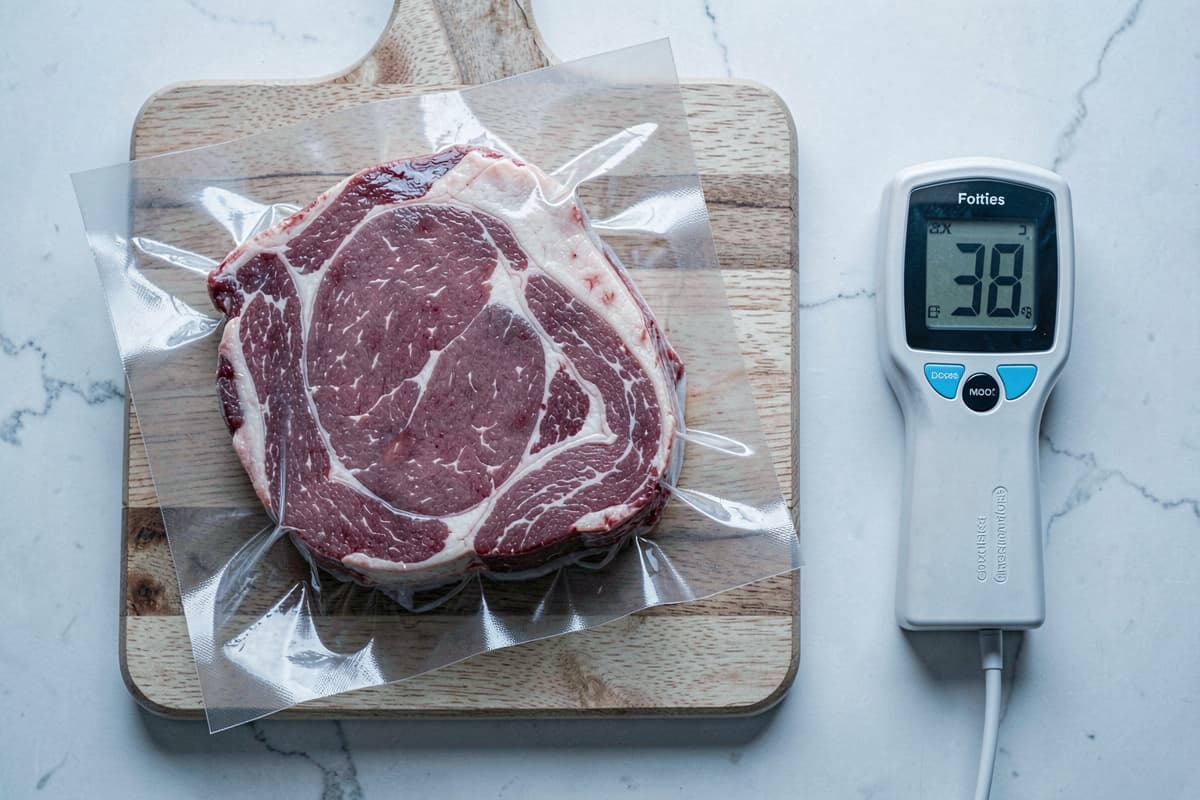 Vacuum-sealed steak on a wooden cutting board next to a digital fridge thermometer reading 38 degrees Fahrenheit