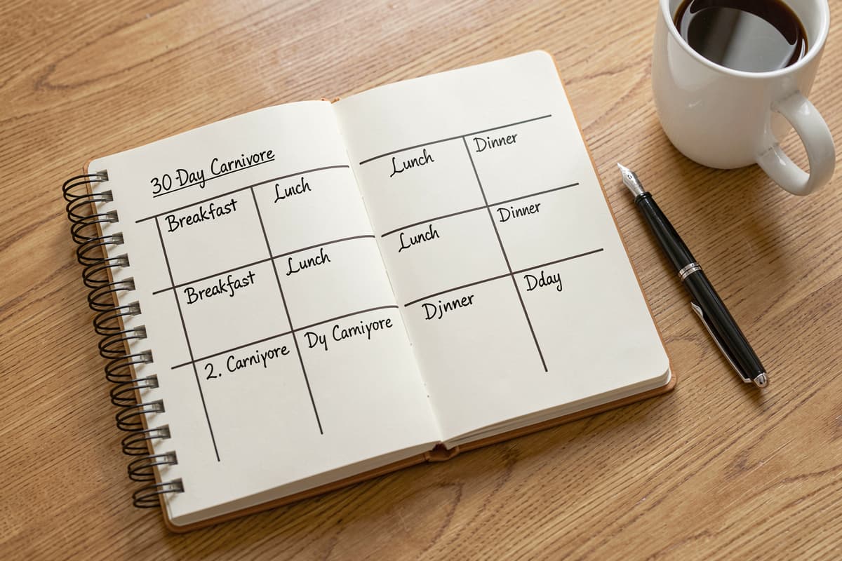 Open notebook page showing a 30-day carnivore meal plan with breakfast, lunch, and dinner blocks; coffee mug and pen alongside