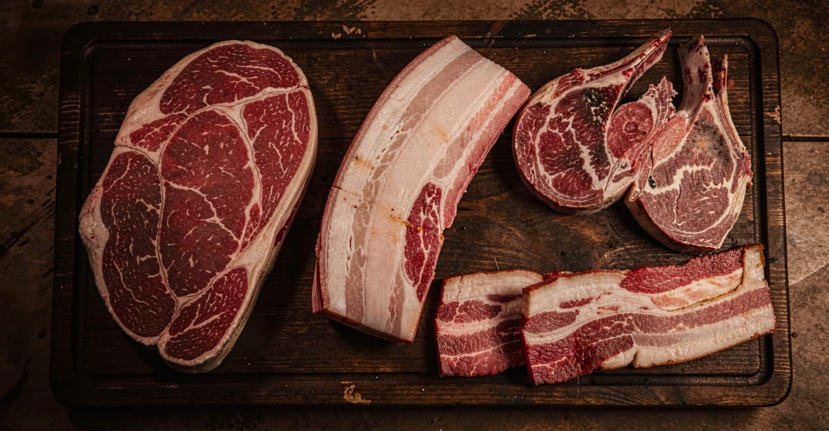 Fatty meat cuts including ribeye, pork belly, lamb chops, and bacon on a dark wooden board