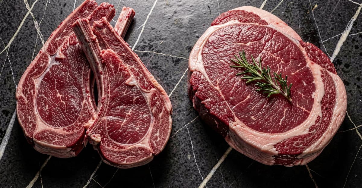 Raw lamb chops next to beef ribeye on dark marble surface