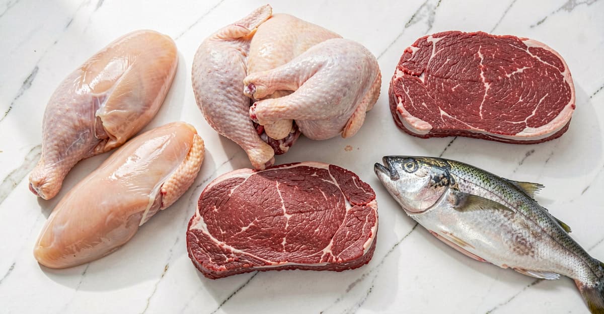 Lean meat cuts including chicken breast, turkey, sirloin, and fish fillet arranged on marble