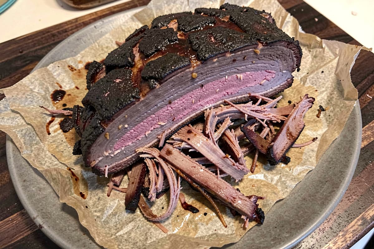 Smoked chuck roast pulled apart on butcher paper, dark mahogany bark, fork-shredded interior with prominent pink smoke ring, glistening rendered fat