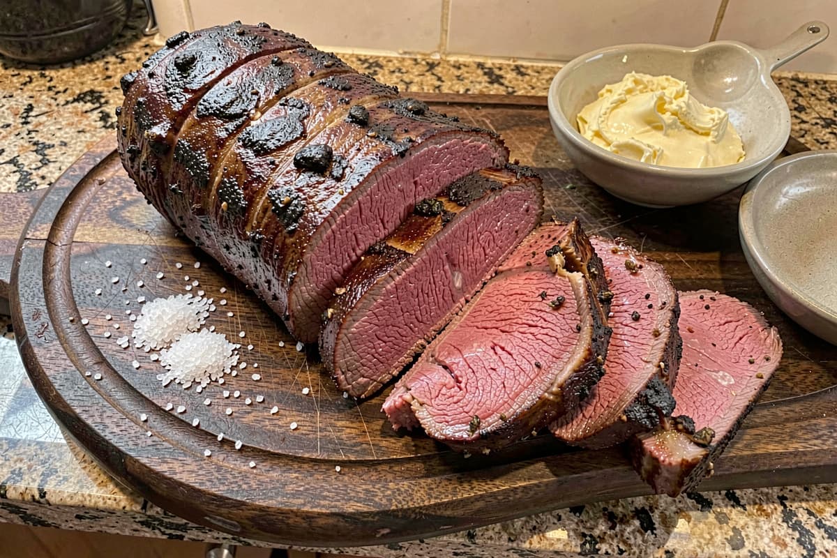 Roasted whole beef tenderloin on a wooden cutting board, dark exterior crust, deep pink medium-rare interior, sliced into thick medallions, butter dish nearby