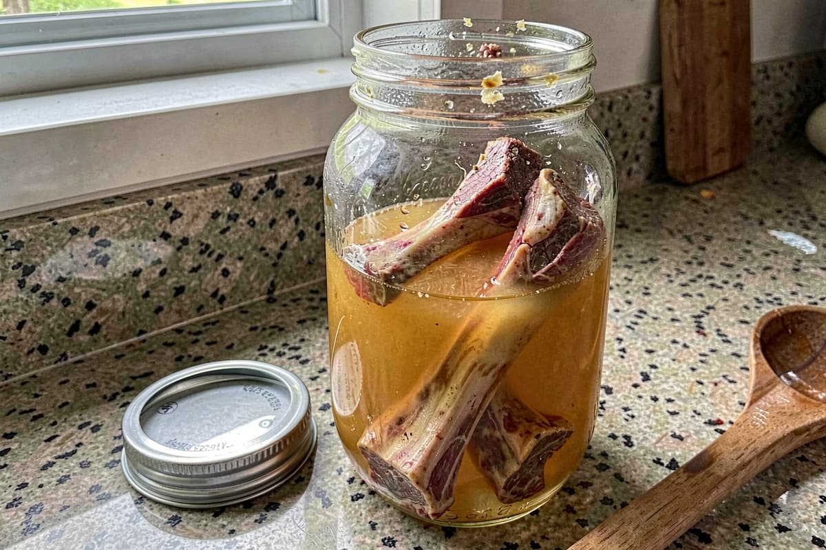 Mug of golden amber slow-cooker beef bone broth steaming with marrow bones in the background