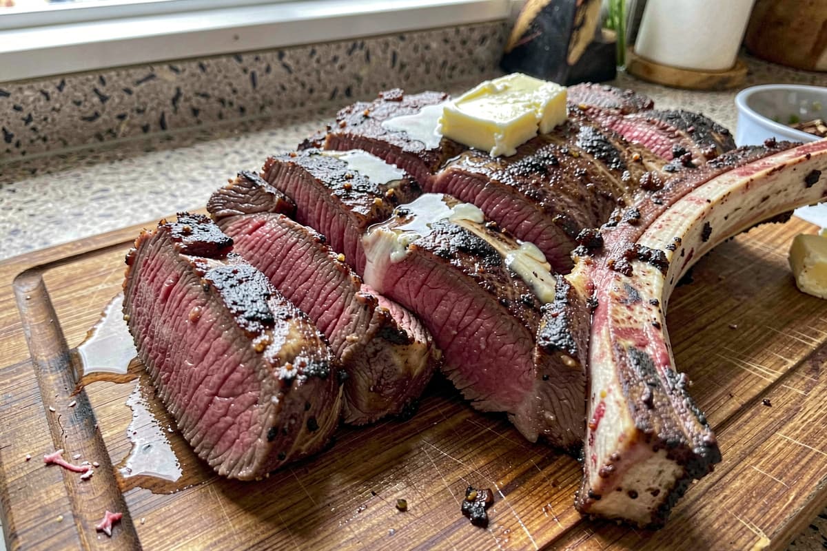 Sliced bone-in ribeye on a wooden cutting board, edge-to-edge rosy medium-rare interior, deep brown crust, butter melting
