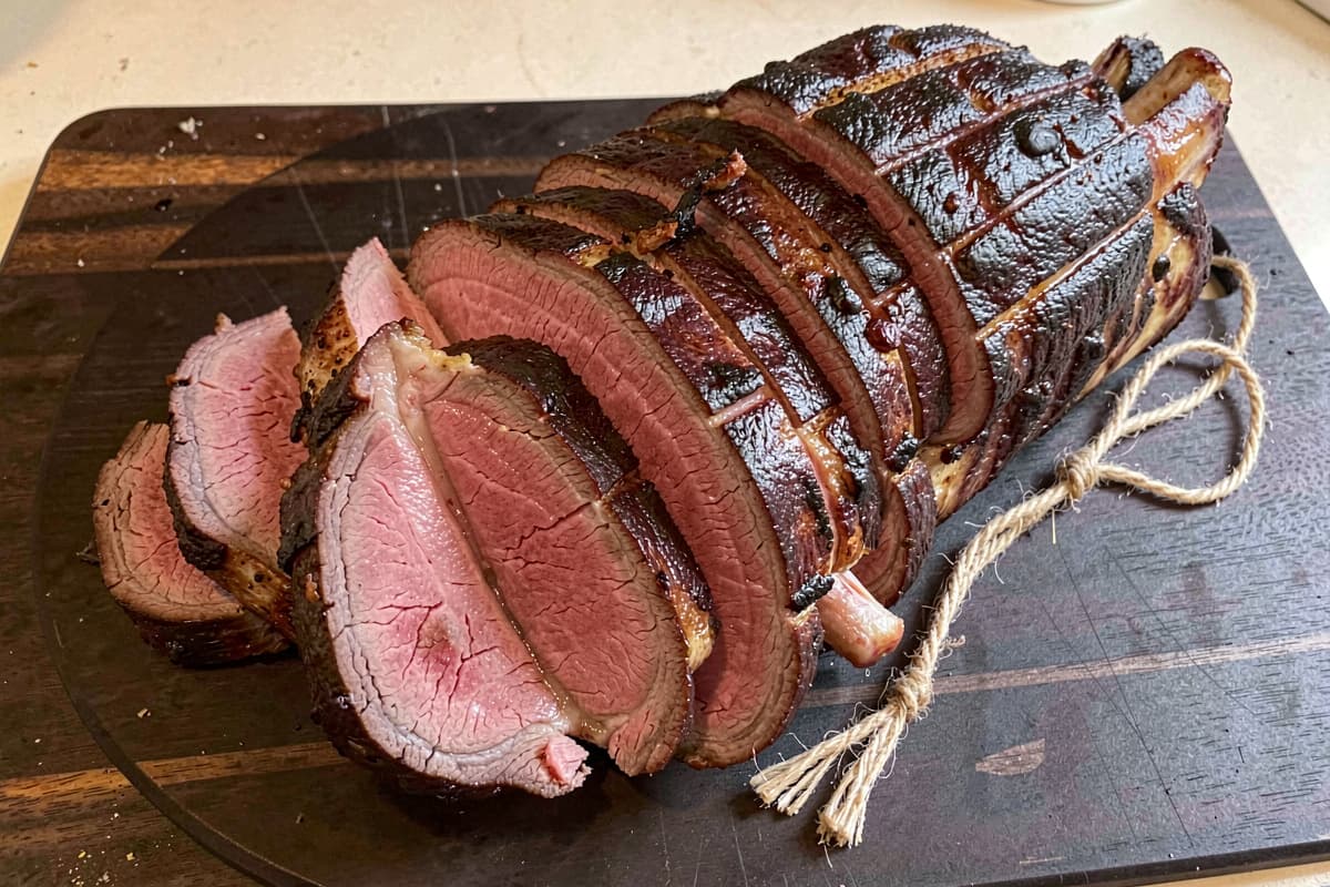 Sliced boneless leg of lamb roast on a wooden cutting board, dark exterior crust, rosy medium-rare interior, slices fanned out across the grain, butcher twine snipped to the side