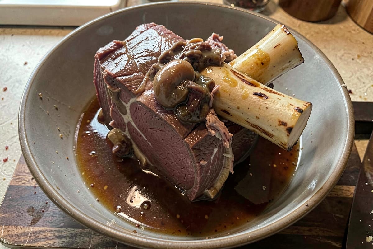 Braised beef shank slab in a wide bowl, fork-tender meat falling off the marrow bone, glossy braising liquid pooled around it, marrow visible inside the bone