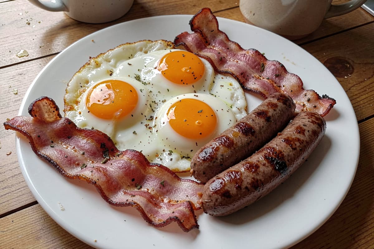 Carnivore breakfast plate with three sunny-side up eggs, four crispy bacon strips, and two beef sausage links