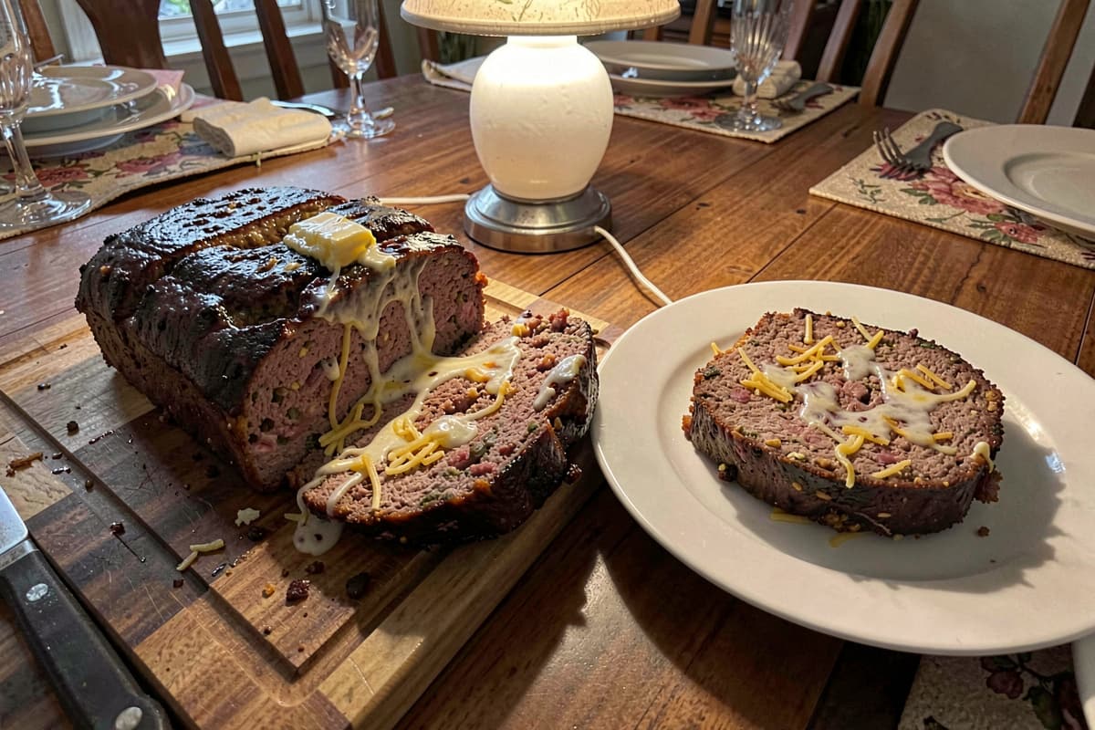 Sliced carnivore meatloaf on a wooden cutting board, dark glossy crust on top, melted cheese visible inside, butter pat on top