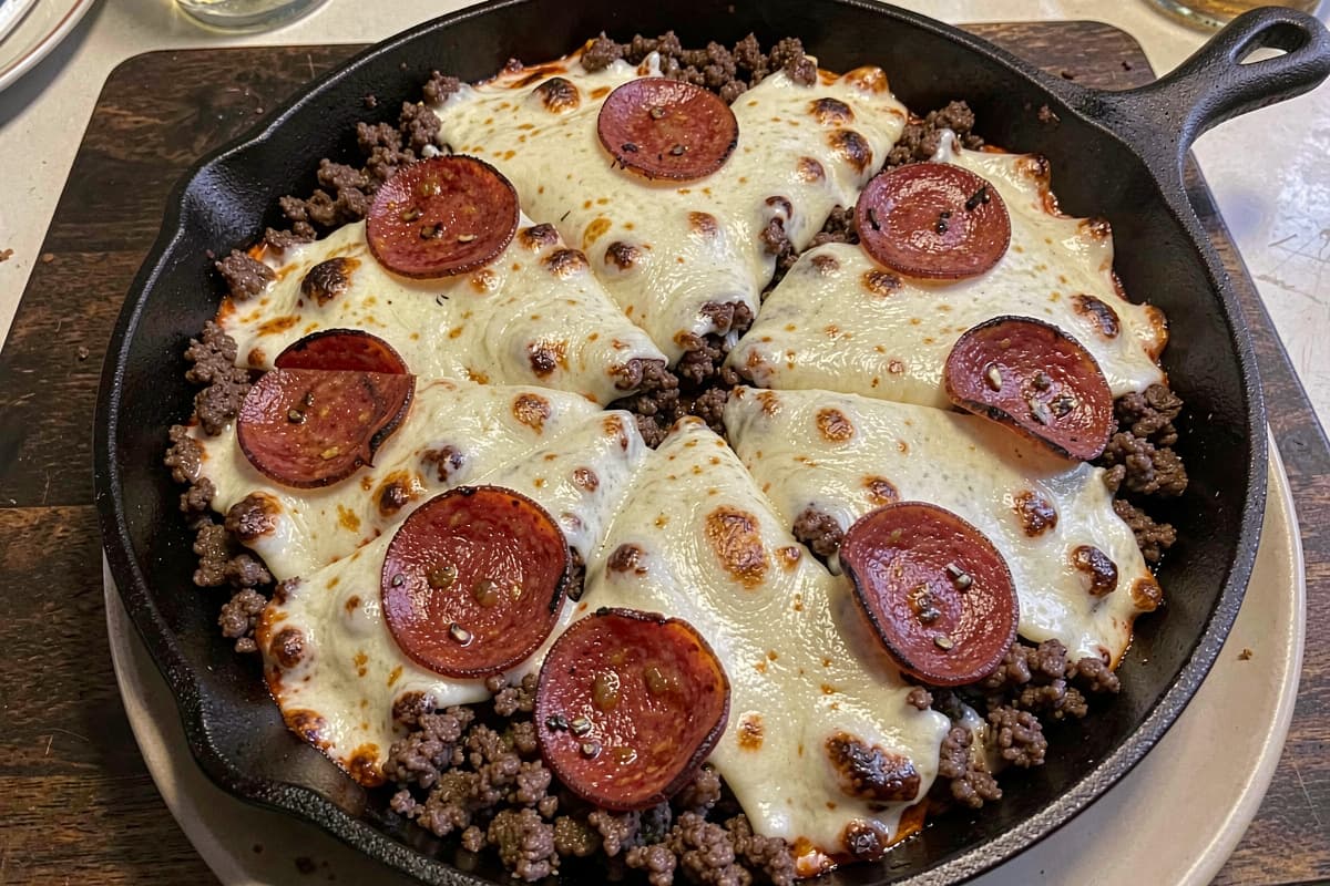 Whole carnivore pizza in a cast iron skillet, deep brown ground beef base, bubbling melted mozzarella cheese, pepperoni slices browned at the edges, sliced into wedges