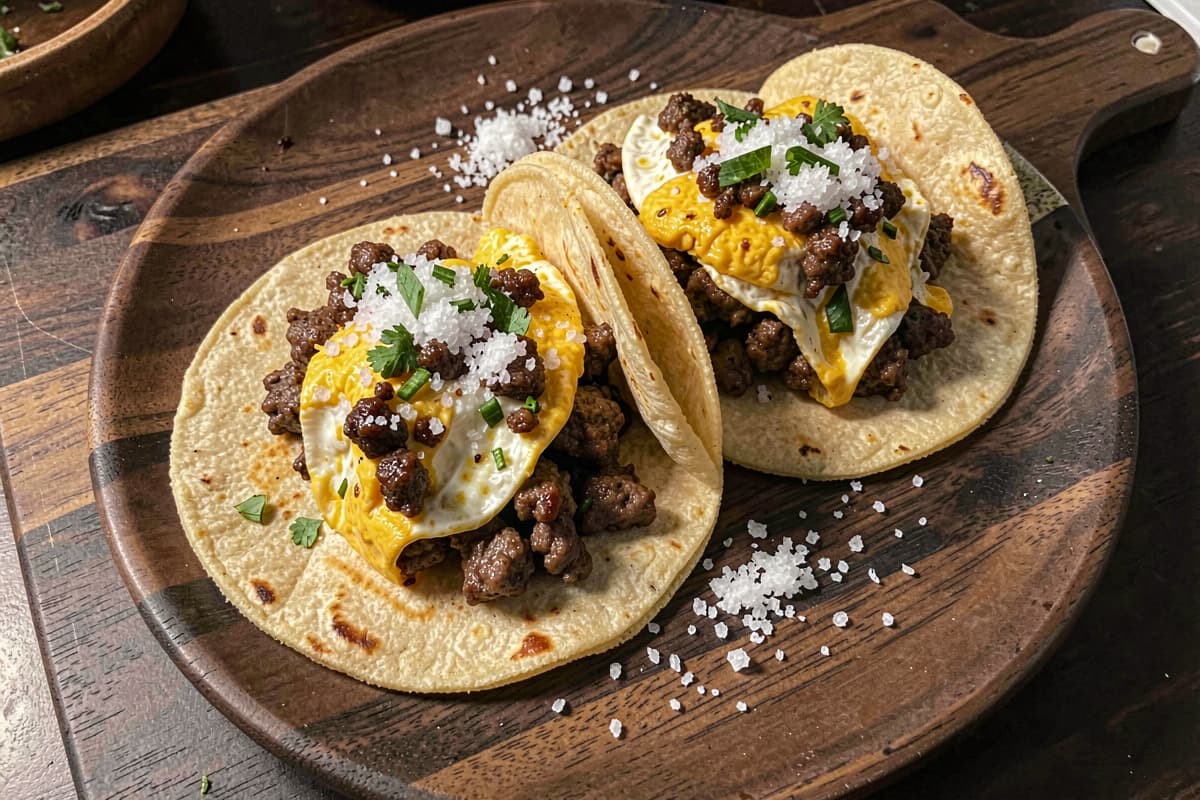 Two carnivore tacos on a wooden plate, golden egg-and-cheese shells folded around seared ground beef filling, scattered salt on the plate, dark wood underneath