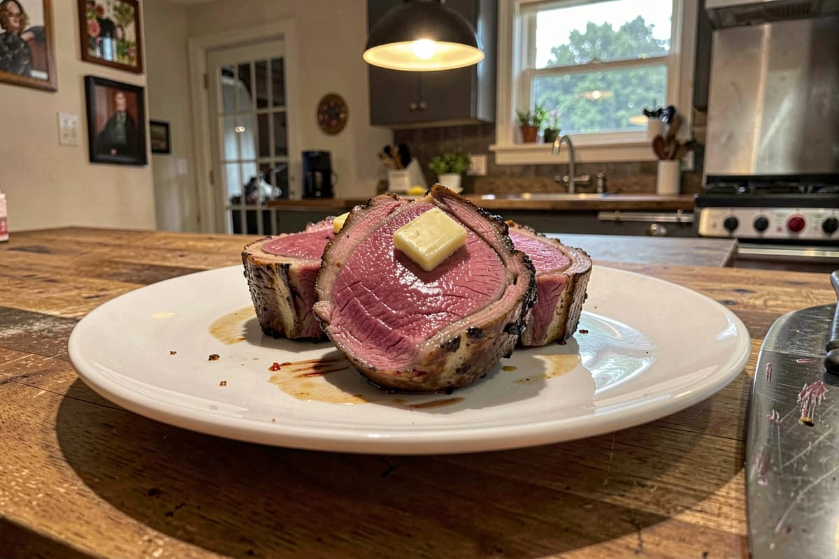 Sliced chateaubriand medallions on a white plate, deep rosy medium-rare interior, butter melting, coarse salt scattered