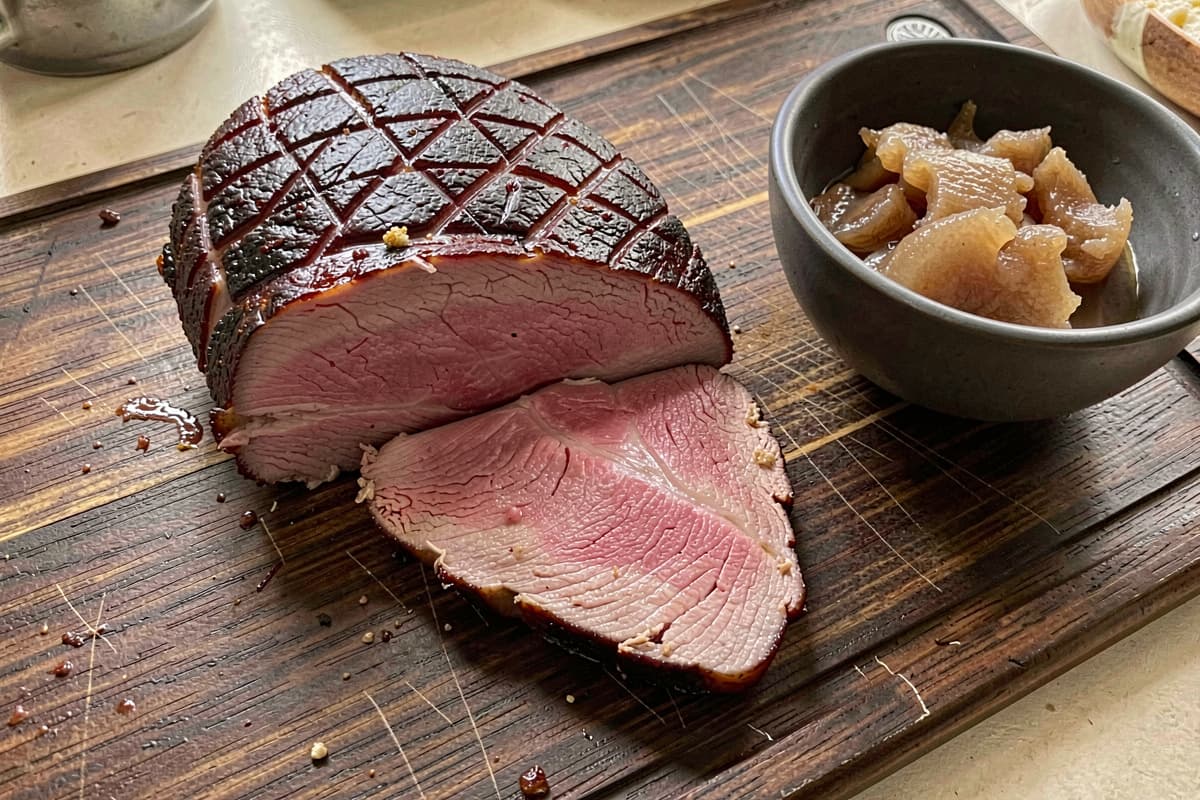 Sliced duck breast on a wooden cutting board, deep mahogany crispy skin scored in a diamond pattern, rosy medium-rare interior, rendered fat in a small bowl beside it