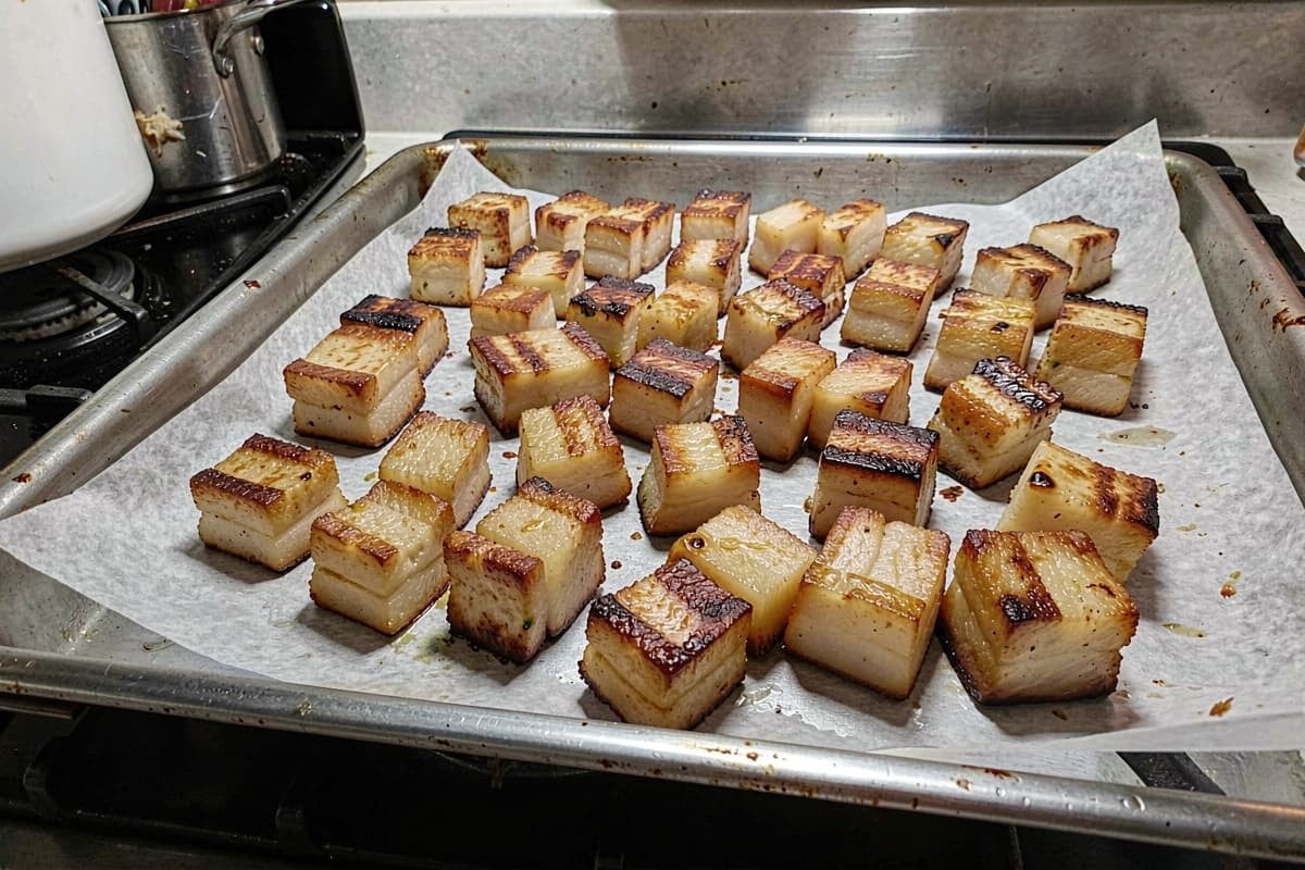 Cubed crispy pork belly bites with rendered fat and crackling skin scattered on dark slate with flaked salt