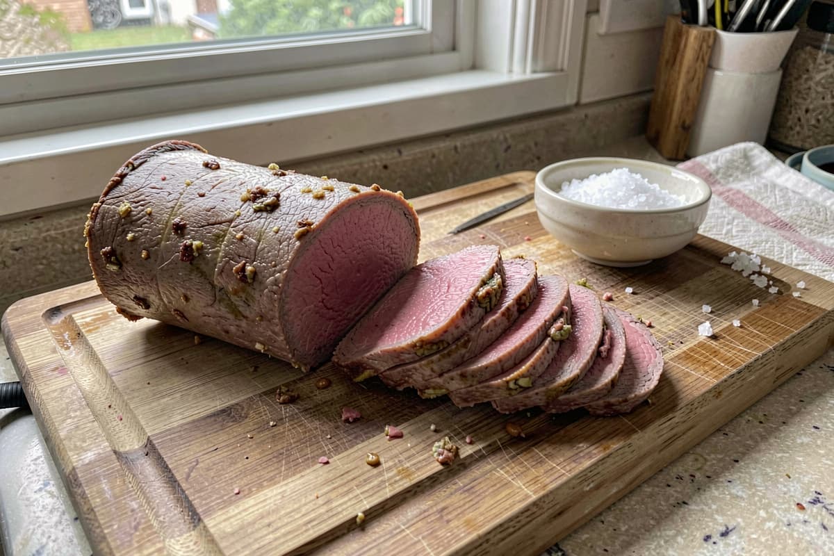 Thinly sliced eye of round roast on a wooden cutting board, uniform pink medium-rare slices, butter melting