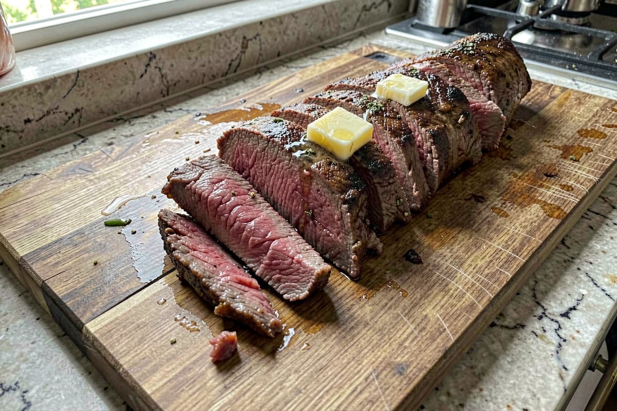 Sliced flank steak on a wooden cutting board, sliced thin across the grain on an angle, rosy medium-rare interior, butter melting on top