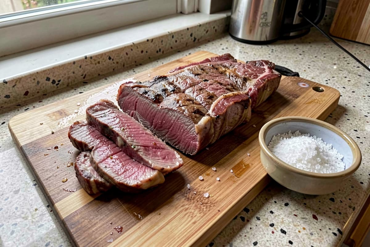 Sliced flat iron steak on a wooden cutting board, rosy medium-rare interior visible, butter pat on top, salt flakes scattered