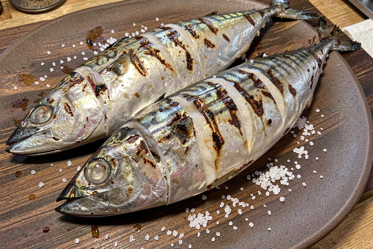 Two whole grilled mackerel on a wooden board, deep grill marks across the silver skin, scored diagonally, juicy white flesh visible at the cut, scattered salt