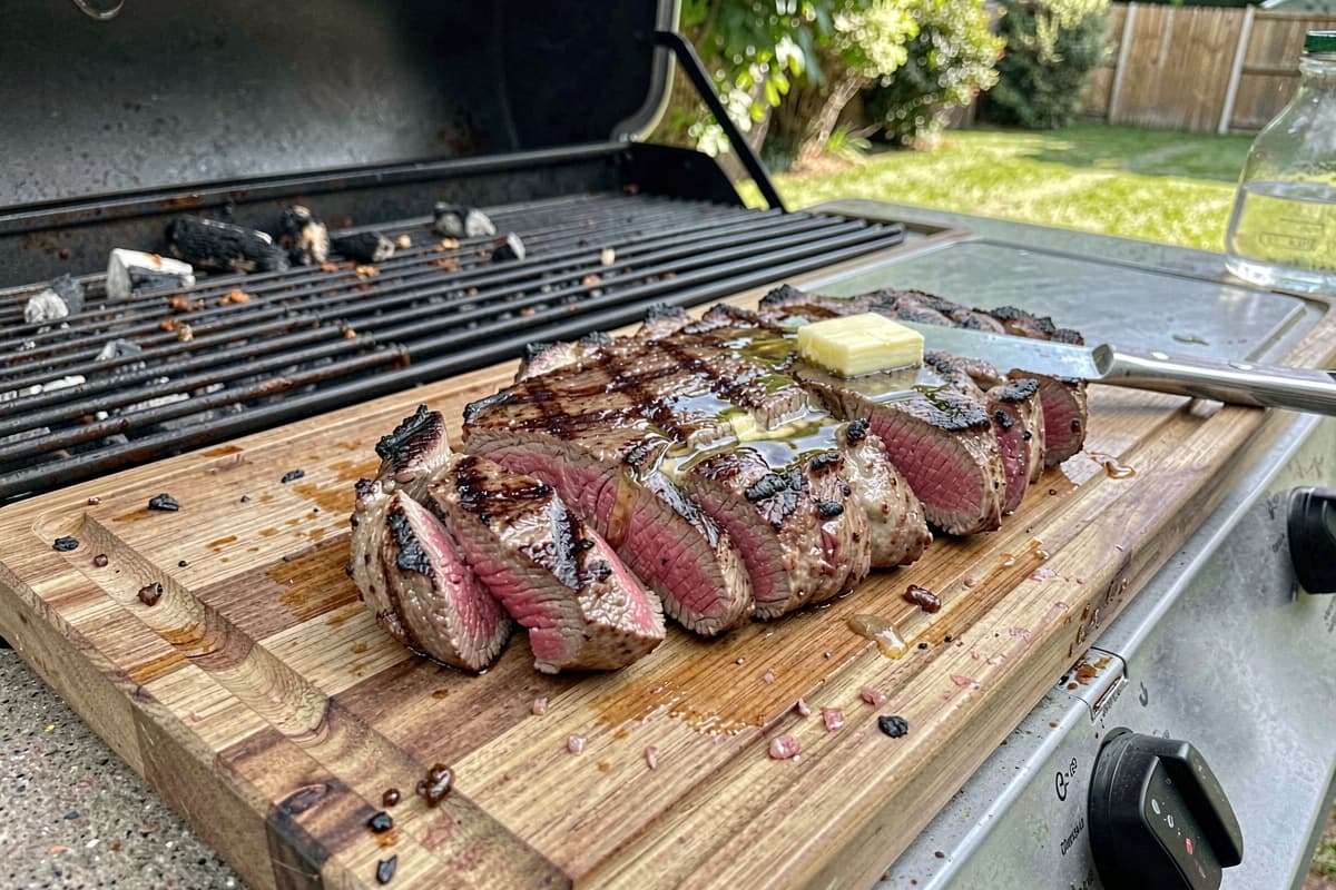 Sliced grilled top sirloin steak on a wooden cutting board with melted butter pooling and coarse salt scattered