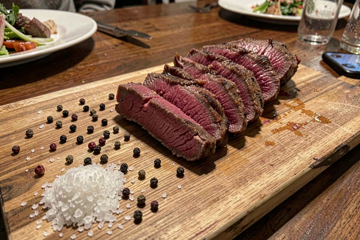 Sliced hanger steak across the grain on a wooden cutting board, deep red interior visible, butter melting, salt scattered