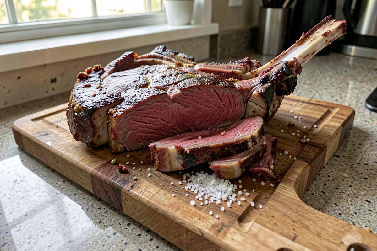 Bone-in Kansas City strip steak on a wooden cutting board with deep brown crust, sliced to show medium-rare interior, butter melting