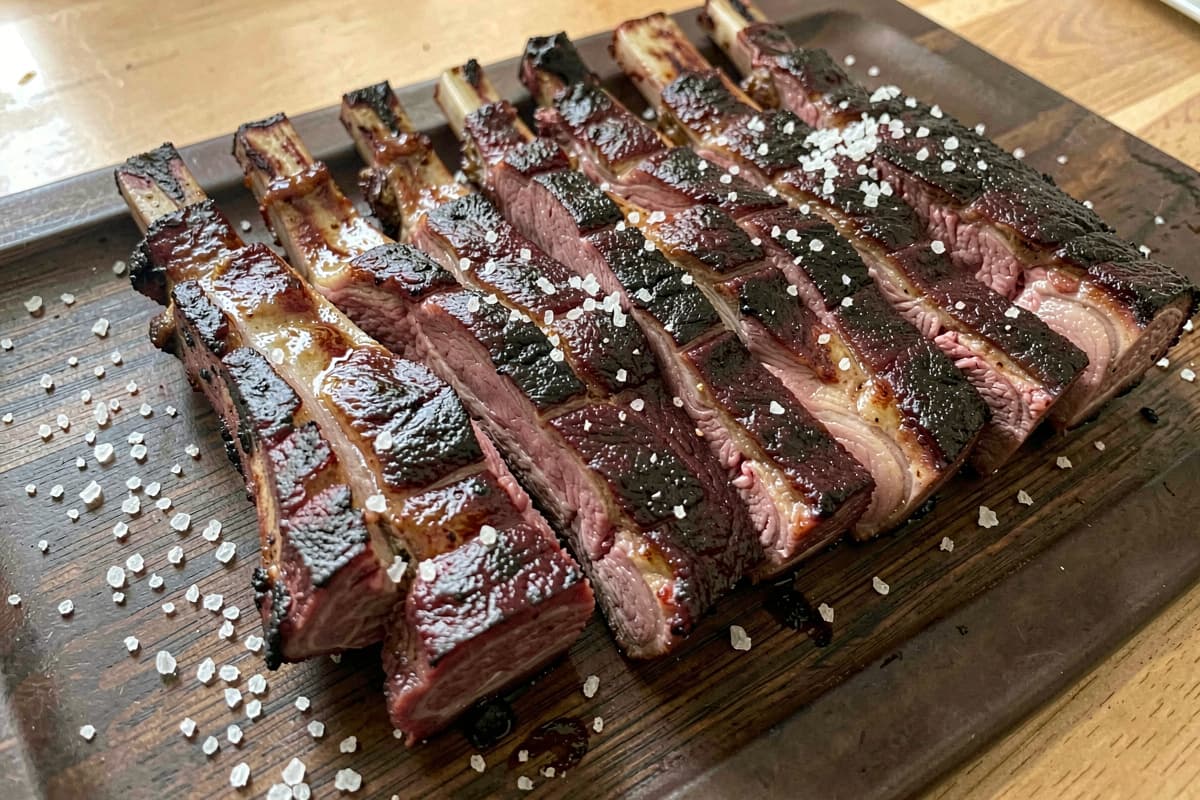 Rack of roasted lamb breast ribs on a wooden board, deep mahogany crust, rendered fat glistening, sliced between bones into individual portions, scattered salt
