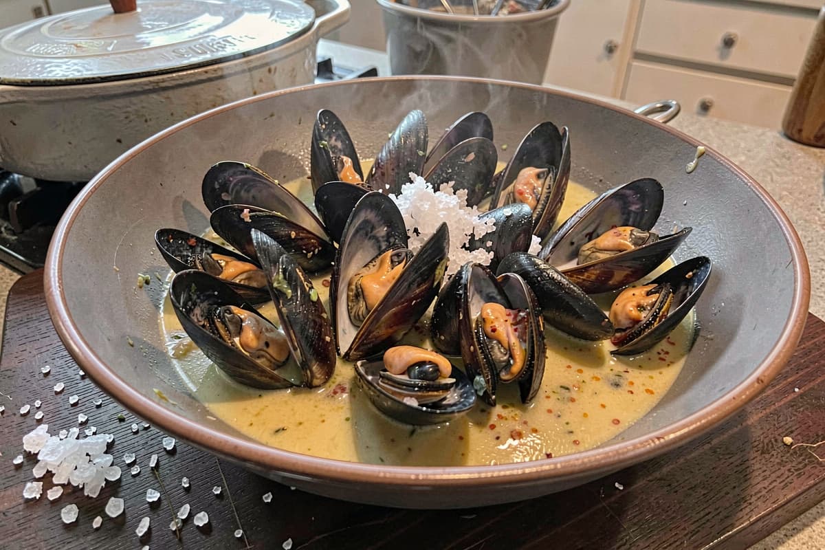Wide bowl of mussels in their open shells, glossy buttery broth pooled around them, scattered salt, Dutch oven visible in the background, steam rising slightly