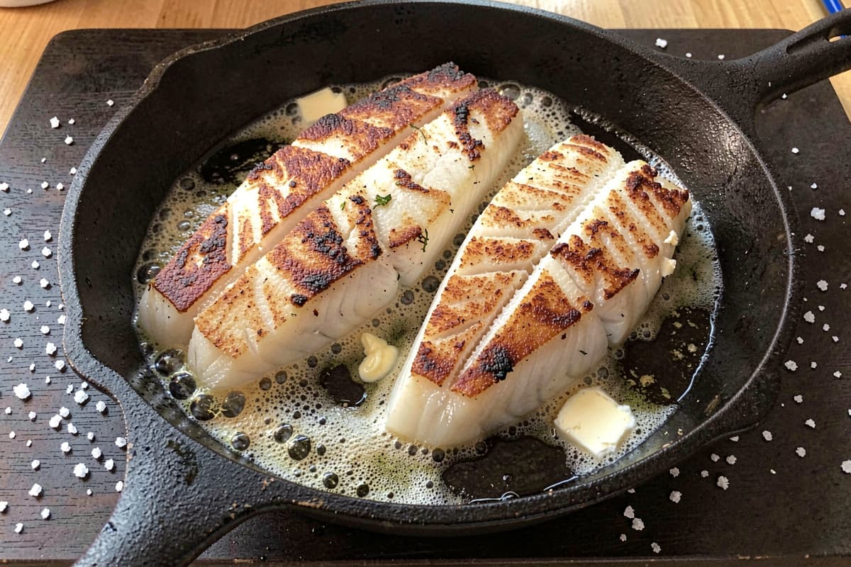 Pan-fried cod fillets in a cast iron skillet, golden-brown surface, white flaky interior, butter foaming around them, scattered salt on the dark wood underneath