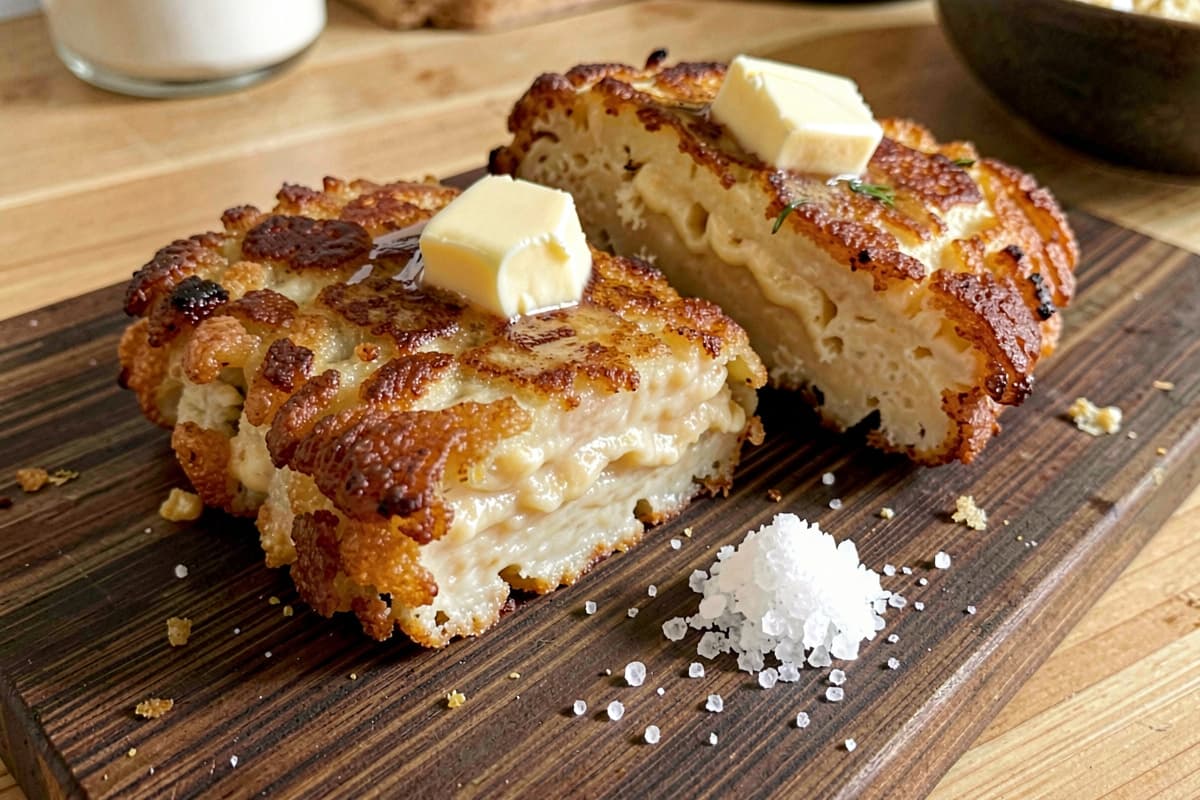 Pan-fried sweetbread slabs on a wooden cutting board, deep golden crispy exterior, creamy pale interior visible at the cut, butter glistening on top, salt scattered nearby