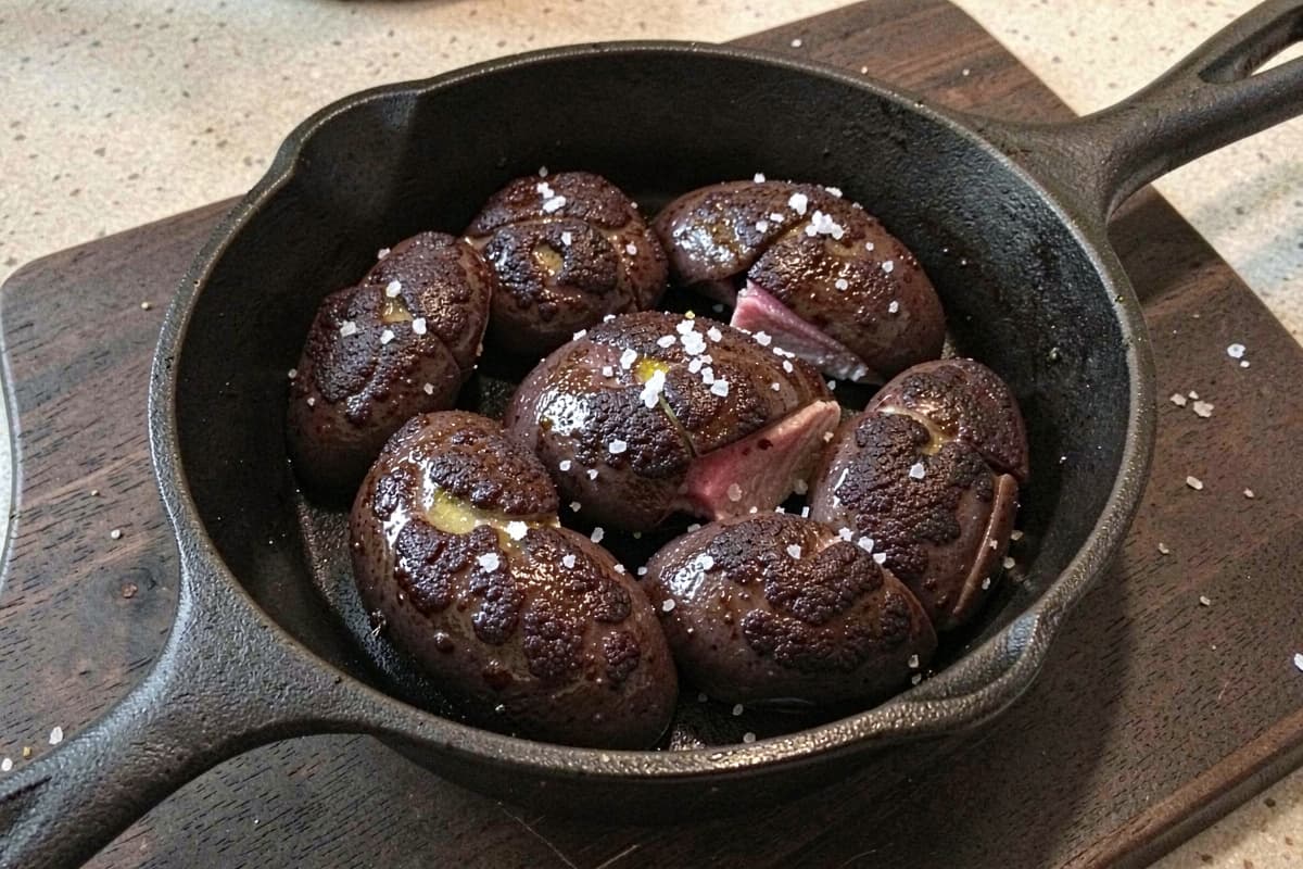 Pan-seared chicken livers in a cast iron skillet, deep brown crusty exteriors, glossy with butter, scattered salt, slight pink visible at the cut interior of one liver