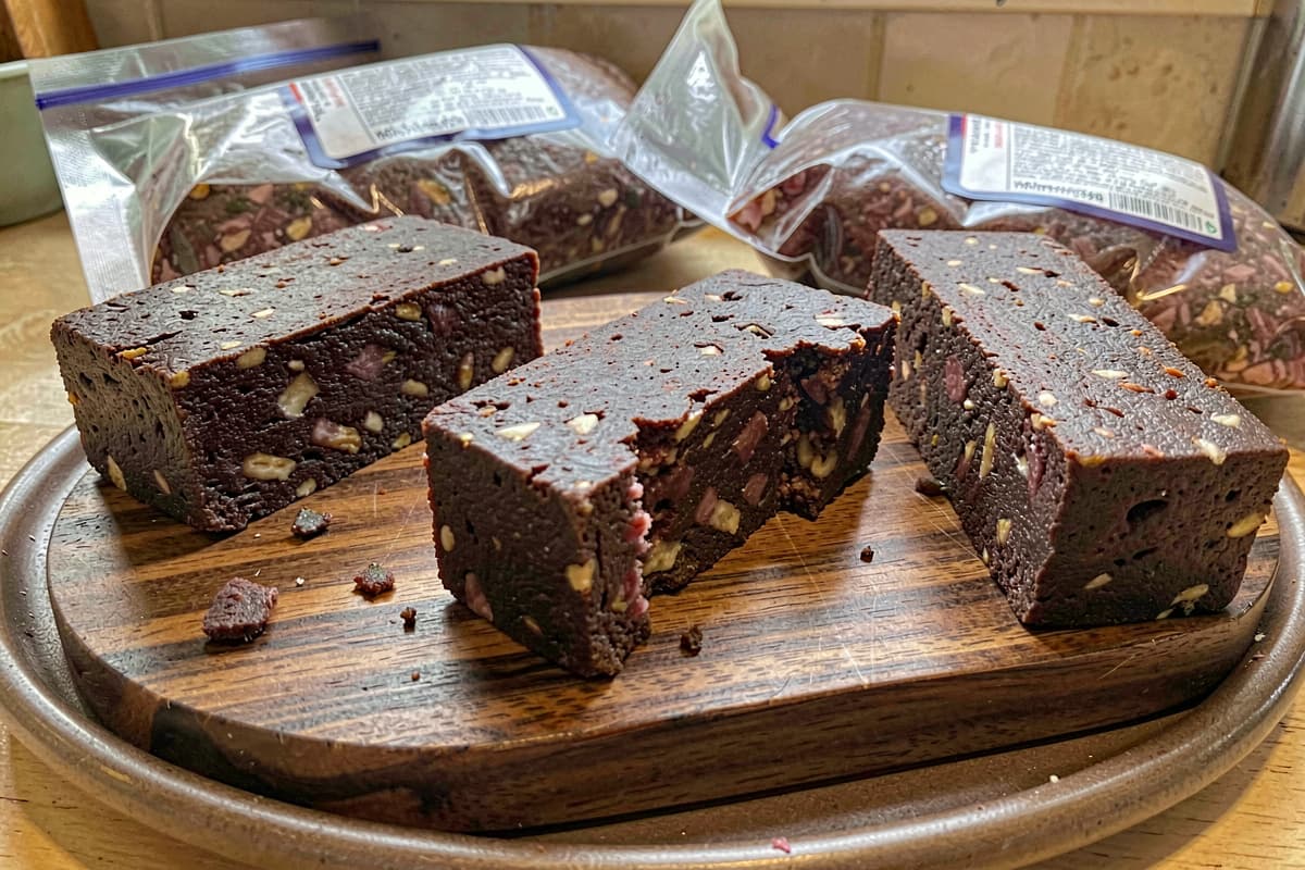 Pemmican bars on a wooden board, dark dense rectangular blocks of pressed meat-and-fat, one bar bitten in half showing texture, vacuum-sealed bags in the background
