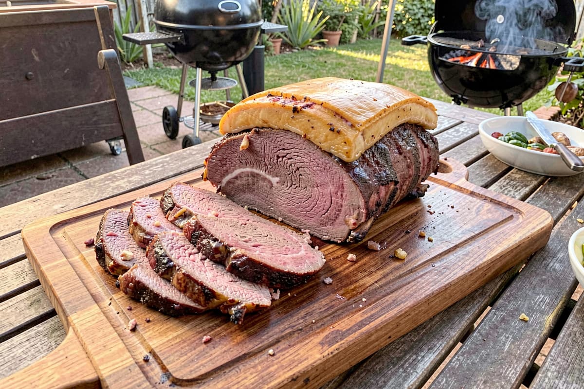 Sliced picanha roast with thick golden fat cap on top, rosy medium-rare interior, served on a wooden carving board