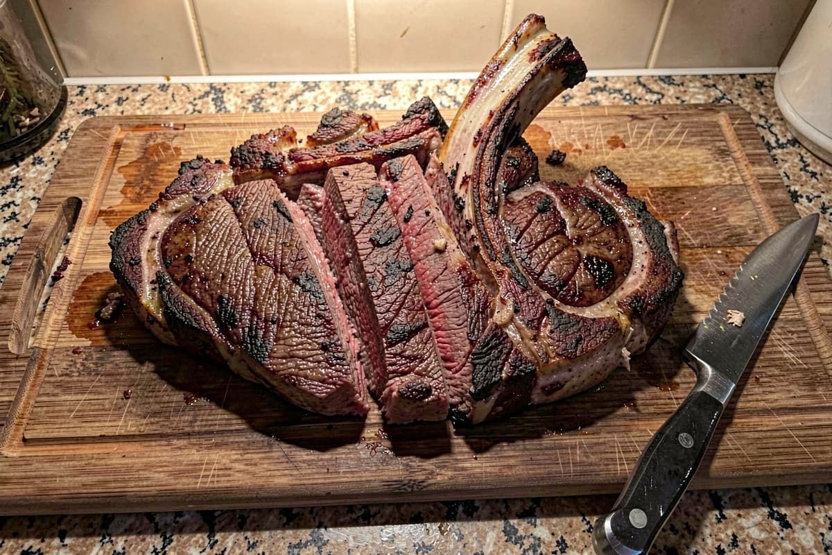Pan-seared porterhouse steak with T-shaped bone visible, deep brown crust, sliced to show medium-rare interior on both sides